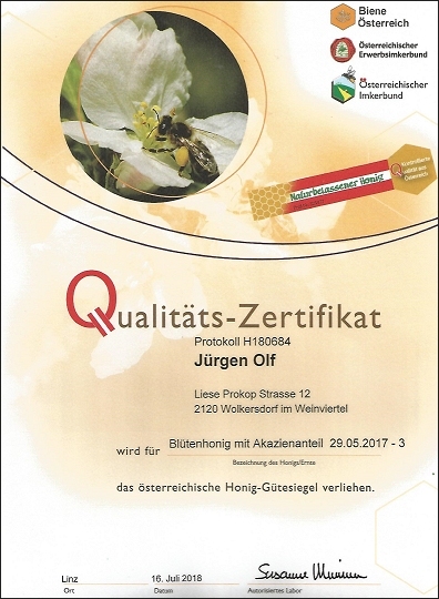 Qualitäts-Gold-Zertifikat für Blütenhonig